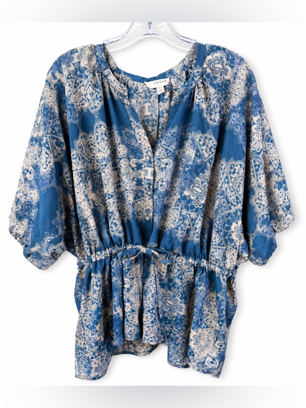 KENAR Blue Paisley Peasant Blouse Tie Waist Boho Batwing Sleeve Large